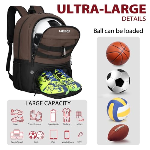LARIPOP Soccer Backpack with Ball Holder & Shoe Compartment Large Capacity Sports Bag for Training - color: Brown