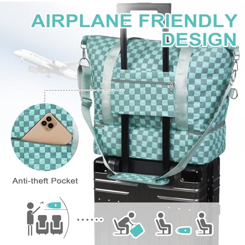 WOOMADA Weekender Bag for Women, Travel Duffel Bags with Shoe Compartment & Wet Pocket, Personal Item Bag for Airlines - color: Brown Checkerboard