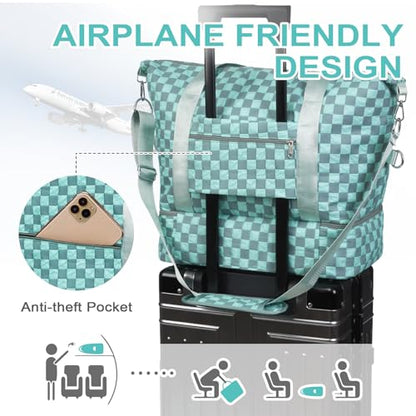 WOOMADA Weekender Bag for Women, Travel Duffel Bags with Shoe Compartment & Wet Pocket, Personal Item Bag for Airlines - color: Brown Checkerboard