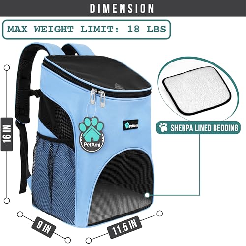 PetAmi Cat Backpack Carrier, Airline Approved Pet Carrier Backpack for Small Dogs and Large Cats, Soft Sided Collapsible Ventilated with Sherpa Bed for Hiking Travel, Max 18 lbs, Light Blue - color: Light Blue