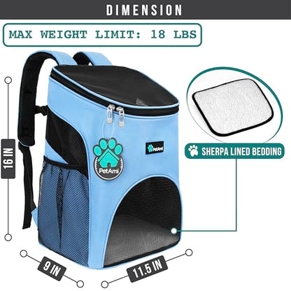 PetAmi Cat Backpack Carrier, Airline Approved Pet Carrier Backpack for Small Dogs and Large Cats, Soft Sided Collapsible Ventilated with Sherpa Bed for Hiking Travel, Max 18 lbs, Light Blue - color: Light Blue