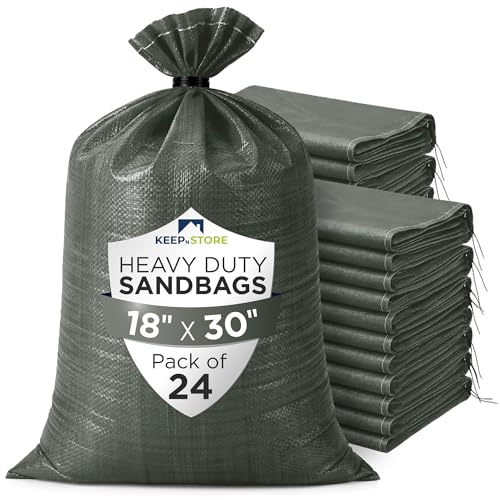 Heavy Duty Sand Bags Pack of 24, Army Green Empty Sandbags with Built-In Ties, Woven Polypropylene UV Protection 1600 Hours, Fillable Bags for Flood Control, Weight, 18x30 inches, 75 Pounds Volume - size: 18"W x 30"L, style: Pack of 24