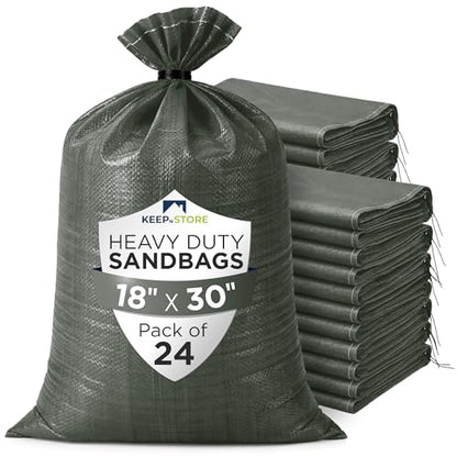 Heavy Duty Sand Bags Pack of 24, Army Green Empty Sandbags with Built-In Ties, Woven Polypropylene UV Protection 1600 Hours, Fillable Bags for Flood Control, Weight, 18x30 inches, 75 Pounds Volume - size: 18"W x 30"L, style: Pack of 24