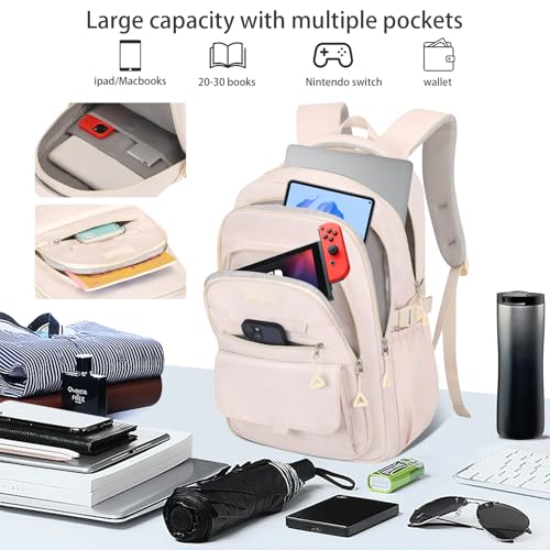 School backpack for Girls, Aesthetic Backpack for Women Cute Bookbag Preppy College (Beige) - color: Beige
