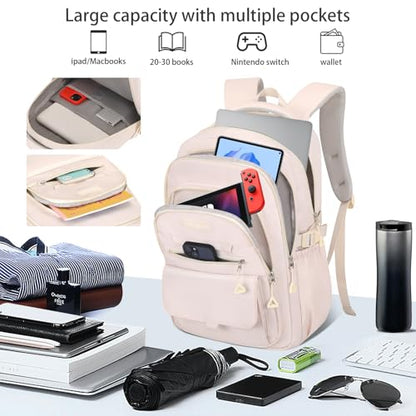 School backpack for Girls, Aesthetic Backpack for Women Cute Bookbag Preppy College (Beige) - color: Beige