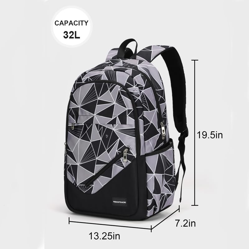 Boys' Large School Backpack, for 8-16 Years Old, Elementary - High School (Geometric black and gray, Large：19.5×7.2×13.25 inch) - color: Geometric Black and Gray