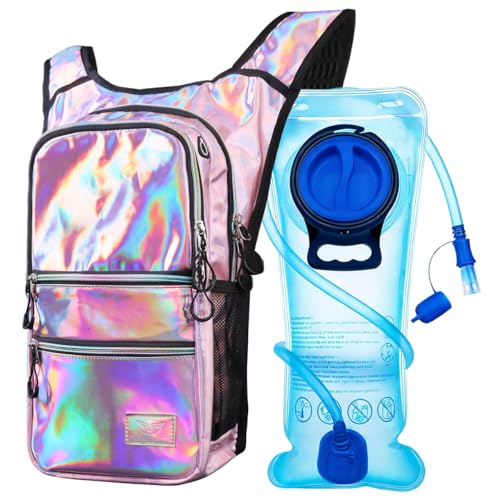 Mothybot Hydration Backpack Pack, Water Backpack 20L Capacities Included 2L Hydration Bladder, Festival Essential - Rave Hydration Pack Hydropack Hydro for Hiking, Festival Gear - color: Holographic BluePink