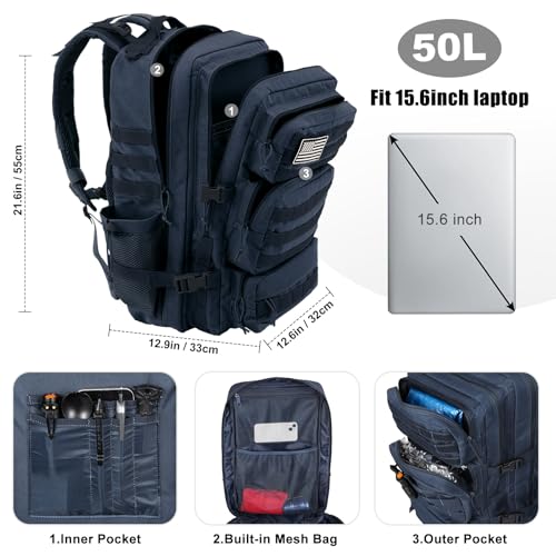 Military Tactical Backpack 50L Large Day Backpack for Men Molle Army 3 Days Assault Pack Bug Out Bag Water Resistant and Heavy Duty Hiking Treeking Rucksack - Dark Blue - color: Dark Blue, size: 50L