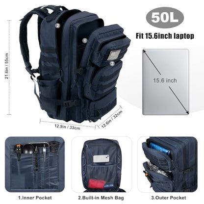 Military Tactical Backpack 50L Large Day Backpack for Men Molle Army 3 Days Assault Pack Bug Out Bag Water Resistant and Heavy Duty Hiking Treeking Rucksack - Dark Blue - color: Dark Blue, size: 50L