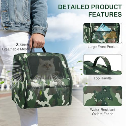 Cat Carrier Backpack Camouflage Cat Backpack Carrier Pet Travel Bag | 3-Sided Breathable Mesh, Foldable & Lightweight, Built-in Safety Leash, Front Pocket Storage, Fits Pets up to 11 lbs