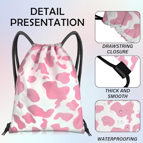 Drawstring Backpack Draw String Bag Sports Gym Bags Waterproof Cute Aesthetic Sackpack for Unisex Women Sports Beach Travel(13"×17")-Pink Cow - color: Z7-pink Cow