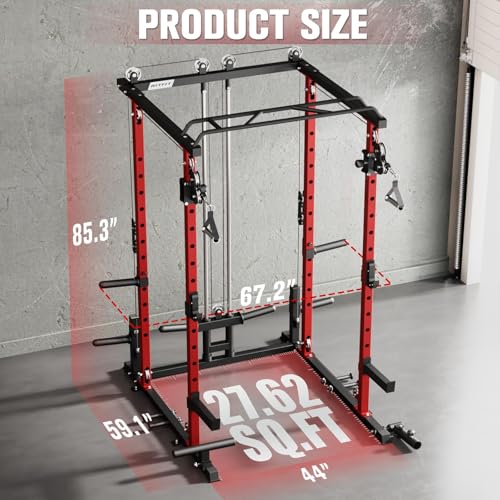 RitFit Multi-Function Garage & Home Gym Package Includes 1200LBS Power Cage PPC03/P3 with Cable Crossover System, Weight Bench, Olympic Barbell Weight Set, Full Body Workout - color: Red, style: Package 1.2K (with FBP 100lbs Plates)