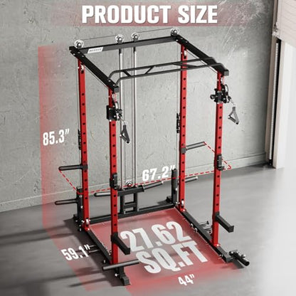 RitFit Multi-Function Garage & Home Gym Package Includes 1200LBS Power Cage PPC03/P3 with Cable Crossover System, Weight Bench, Olympic Barbell Weight Set, Full Body Workout - color: Red, style: Package 1.5K (with FBP 230lbs Plates)
