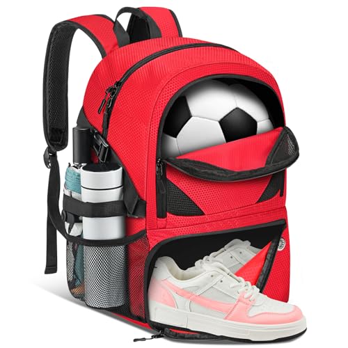 Soccer Backpack with Seperate Compartment, Water Resistant Sport Bags fit for Basketball, Volleyball, Football - color: Red