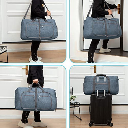 Vomgomfom 65L/85L/115L Foldable Travel Duffle Bag, Lightweight Checked Luggage with Shoe Compartment, Water-Resistant Weekender Overnight Bag for Men & Women - color: C Blue, size: 65L