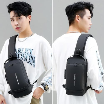 Sling Bag for Men Anti-theft USB Crossbody Shoulder Backpack Purse Waterproof PU Leather Chest Bag Travel Daily Use - color: Black