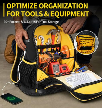 Tool Backpack, Heavy-Duty Tool Organizer Bag for Men Dad Gift, Water-Resistant Technician Tool Carrier w/ Molded Base, Laptop Storage, Backpack for Electricians HVAC Construction Repairman Home Repair