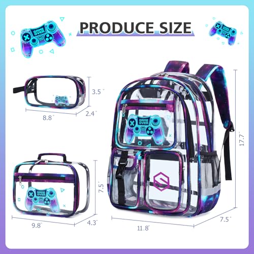 DIGOBAY 3PCS Cool Luminous Clear Backpack for Boys Kids, Gamer Clear Bookbag for School, See Through PVC Transparent Backpacks with Lunch Bag Pencil Case, Backpack Heavy Duty for School Stadium - color: Black-purple Galaxy