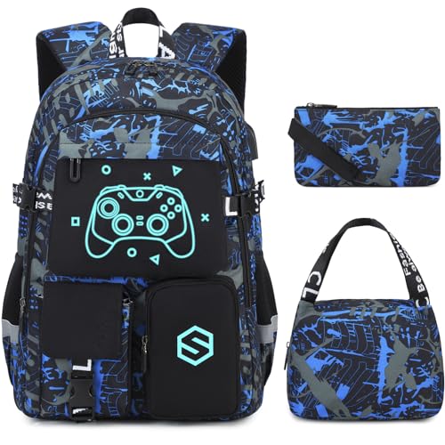 Scothen Boys Backpack, Cool Luminous School Backpacks for Boys with Lunch Bag Pencil Case, Kids Backpack Kindergarten Elementary Middle School Book Bags for Teen Boy Children with USB Charging Port - color: Cool Blue