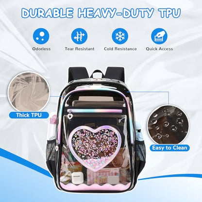 Clear Backpack, Heavy Duty Thick TPU Clear Bookbag, Transparent Bookbag Stadium Events, See Through Large Ergonomic Backpack for School Kids Girls Women Travel Security College Concert - color: Semi-black