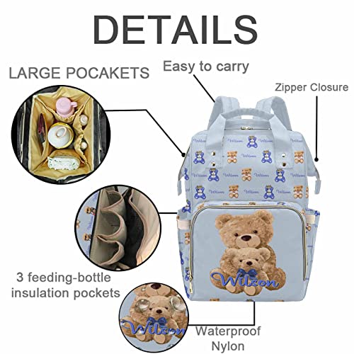 Custom Bear Diaper Bag Backpack for Baby Boy, Personalized Name Cute Cartoon Large Nappy Nursing Orangizer Mommy Bags, Waterproof Travel Daypack for Dad Mom Gifts - color: Bear-blue-02