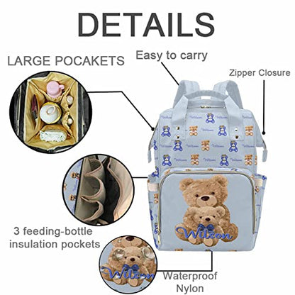 Custom Bear Diaper Bag Backpack for Baby Boy, Personalized Name Cute Cartoon Large Nappy Nursing Orangizer Mommy Bags, Waterproof Travel Daypack for Dad Mom Gifts - color: Bear-blue-02