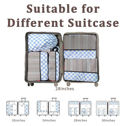 U+U 6 Set Compression Packing Cubes - Ultralight Travel Organizers with Laundry Bag, Space-Saving Suitcase Organizer for Travel, Business Trip and Family Vacation (Blue Checkered)