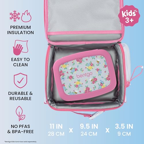 Bentgo Kids Prints Lunch Bag - Double-Insulated, Reusable, for Kids 3+, Adjustable Strap; Holds Lunch Box/Water Bottle/Snacks; Easy-Clean, Water-Resistant, Pockets (NEW Blooming Floral) - color: Blooming Floral
