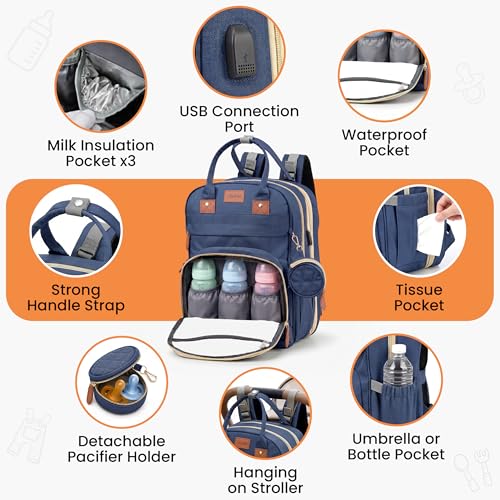 Diaper Bag Backpack with Changing Station | 600D Oxford Waterproof Baby Bag for Mom & Dad | Large Baby Diaper Bag Boy Girl | 16 Pockets, USB Charging Port, Foldable Pad - color: Blue