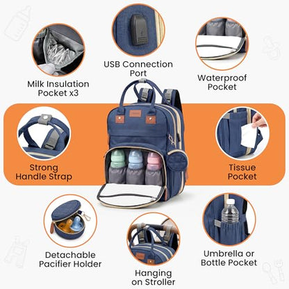 Diaper Bag Backpack with Changing Station | 600D Oxford Waterproof Baby Bag for Mom & Dad | Large Baby Diaper Bag Boy Girl | 16 Pockets, USB Charging Port, Foldable Pad - color: Blue