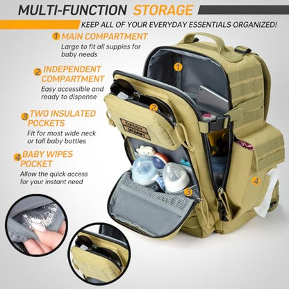 SHARKMOUTH Military Diaper Bag for Baby - Large Baby Backpack with Changing Pad for Boy Girl - Army Dad Diaper Bag for Hiking Travel Camping Trips Tan - color: Tan W/ Changing Pad