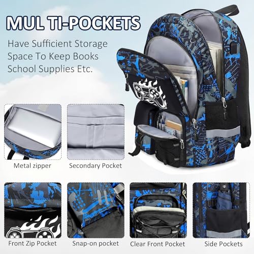 School Backpack for Boys - Gamer Boys Backpacks for Kids Teens Elementary Middle High School,18″ Large Capacity Students Bookbag with Usb Charging Port - color: Game003-only