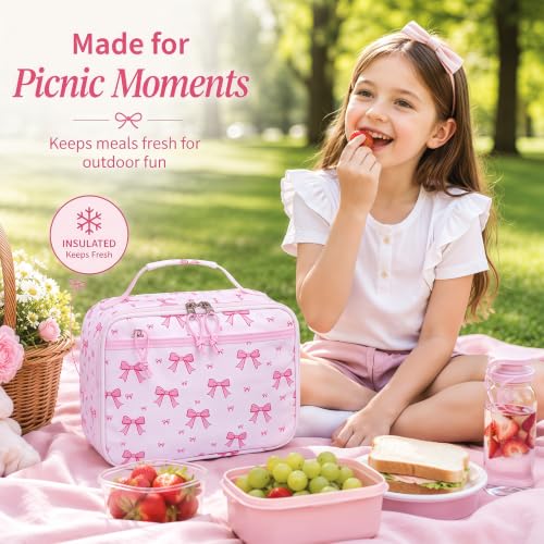 LEDAOU Kids Lunch Box - Insulated Reusable Lunch Box for Girls, Small Lightweight Water Resistant Snack Cooler Tote for Preschool, Kindergarten, School, Picnic and Hiking - color: Bow pink
