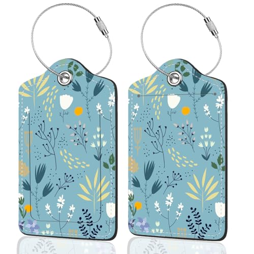 2Pack Luggage Tags for Suitcases, Cute Unique Pu Leather Cruise Luggage Tag with Privacy Cover ID Label Address Card and Metal Ring Suitable for Women Men Kids Girls Travel Bag Tag Blue Floral Print - color: Blue Floral Print