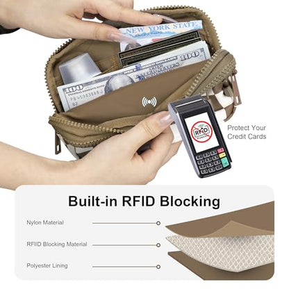 FODOKO Wristlet wallets for women Nylon Quilted Wallet with 4 Zippers,Travel Credit Card,Holder Cell Phone Organizer - color: Caramel Color