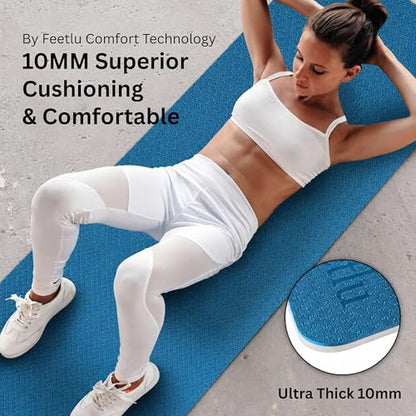 Extra Thick Yoga Mat with Carry Strap, 10mm Non-Slip Exercise Mat, 72 x 24 Inch Cushioned Workout Mat for Yoga, Pilates, Stretching & Floor Exercises - color: Trurkey Blue & Gray