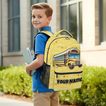Custom Backpack for Boys Toddler - 17 Inch Kindergarten School Bus Backpacks, Cartoon Durable Bookbags Gifts for Elementary Back to School - color: Yellow