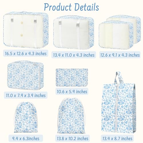 9 Set Packing Cubes for Travel Essentials - Lightweight Carry-On Luggage Organizer Bags with Shoe, Clothes & Laundry Bags for Airplane, Family & Business Travel, Blue flowers - color: Blue flowers