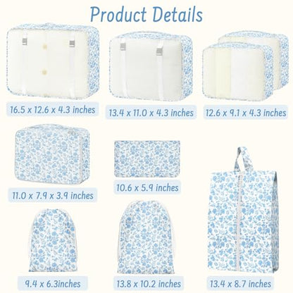 9 Set Packing Cubes for Travel Essentials - Lightweight Carry-On Luggage Organizer Bags with Shoe, Clothes & Laundry Bags for Airplane, Family & Business Travel, Blue flowers - color: Blue flowers