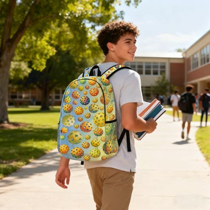 Pickleball Backpack for Kids & Youth, 16 Inch Tennis-Themed School Bookbag, Lightweight Polyester Daypack with Front Zip Pocket, Side Bottle Pocket, Padded Adjustable Straps, Unisex - color: Pickleball