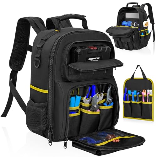 Tool Backpack, Heavy Duty Tool Bag with Padded Shoulder and Removable Tool Organizer, Water-Resistant Work Backpack, for Electrician, Plumber, HVAC, Cable Repairman, Black & Yellow - color: Black & Yellow