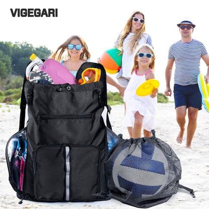 Large Beach Backpack w/Shoe Compartment &Detachable Ball Mesh Bag - color: Black