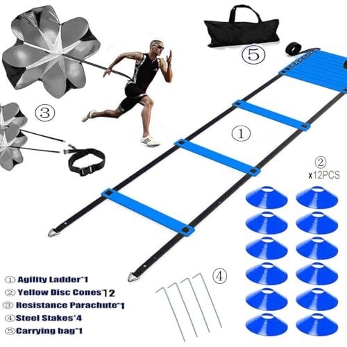 20ft Sports Agility Ladder, Agility Training Equipment for Football, Exercise, Tennis, Legs Workout with Speed Parachute, Cones and Carry Bag