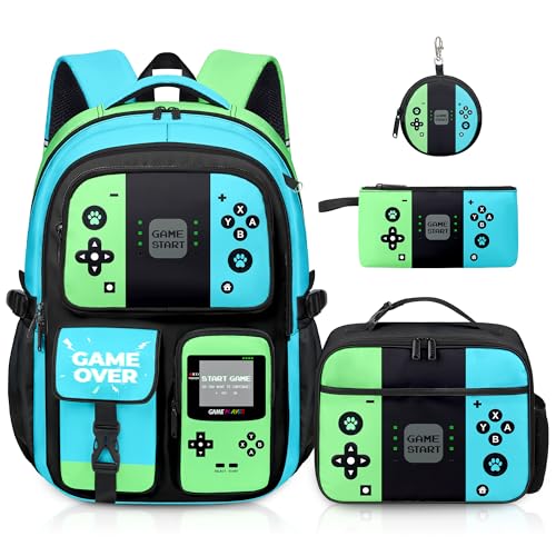Gamer Backpack for Boys, 4pcs Gaming Boys Backpack with Lunch Box and Pencil Case for Kids, Video Gamer School Bags - color: Green