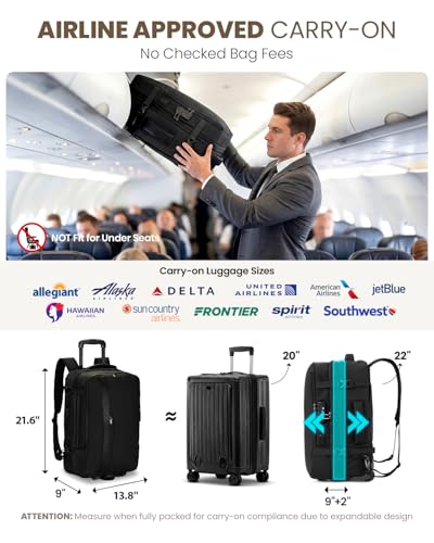 Fanwoli Rolling Vacuum Backpack Travel with One-Button Compression, Expandable Carry-On Suitcase Luggage, Approved TSA Lock & Water-Proof Laptop Compartment for Outdoor/Family/Business Trips - color: Black