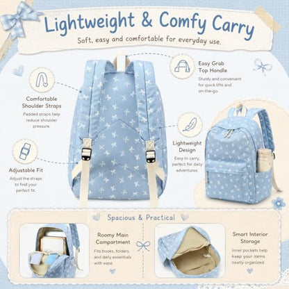 LEDAOU Backpack for Teen Girls Lightweight Kids Bookbag for Elementary Middle High School College Women Laptop Casual Daypack (Bow-Blue) - color: Bow-blue
