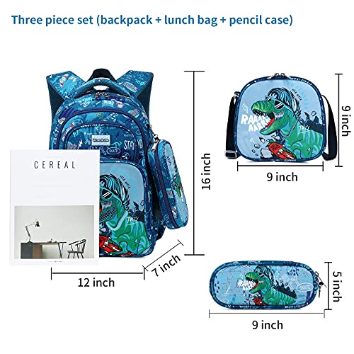 3Pcs Boys Dinosaur Backpack Set with Lunch Box Pencil Case, School Book Bag for Kids Elementary Preschool 1 - color: Indigo