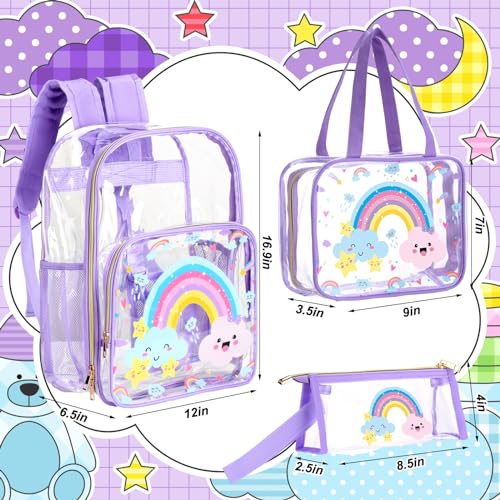 Paterr 3 Pcs Clear Backpack for Girls Rainbow Cloud Backpack with Lunch Bag Pencil Case for Kids Purple Heavy Duty PVC Transparent Bookbag See Through School Bag - color: Purple, style: Rainbow Cloud