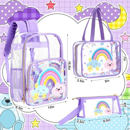 Paterr 3 Pcs Clear Backpack for Girls Rainbow Cloud Backpack with Lunch Bag Pencil Case for Kids Purple Heavy Duty PVC Transparent Bookbag See Through School Bag - color: Purple, style: Rainbow Cloud