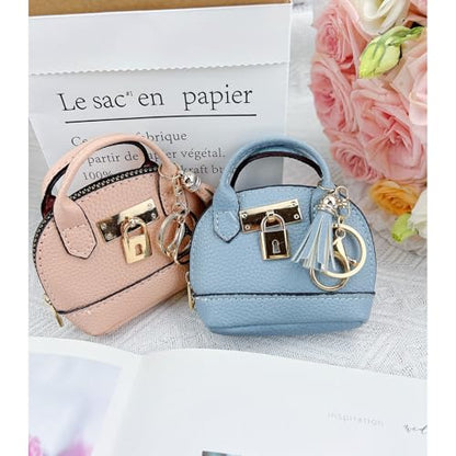 2 PCS Cute Mini Tote Bag Keychain for Women PU Leather Mini Backpack Purse Keychain Little Cosmetic Bag Key Lipstick Card Data Cable Organizer - color: Pink + Blue